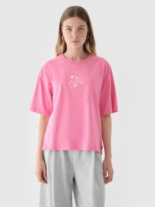 4F T-shirt oversize z nadrukiem damski - różowy XS. Czerwone t-shirty 4f, xs, bez wzorów, z bawełny, bez kołnierzyka, bez ramiączek. W wyprzedaży za 29,99 zł.