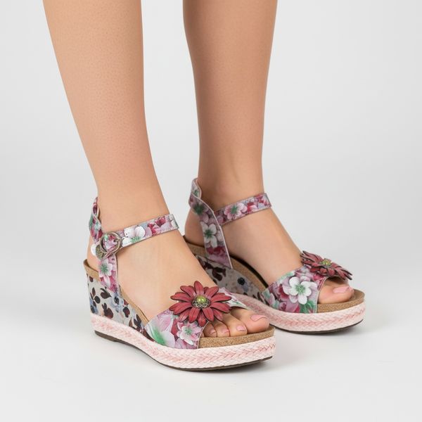 Sandały damskie Laura Vita, ze skóry naturalnej i podwyższona podeszwa na koturnie z plecionym wykończeniem, różowe, Facyo 75 AC1198-75 Lilas. Czerwone sandały LAURA VITA, bez wzorów, z jeansu, bez obcasa, na koturnie, bez zapięcia. Za 314,90 zł.