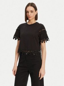 Morgan Bluzka 251-DFUTUR Czarny Regular Fit. Czarne bluzki Morgan, s, bez wzorów, z bawełny, bez kołnierzyka, bez ramiączek. Za 109,99 zł.