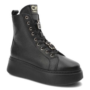 Czarne Botki CheBello Skórzane Buty Damskie. Czarne botki CheBello, bez wzorów, z materiału, bez obcasa, na platformie, bez zapięcia. Za 489,00 zł.