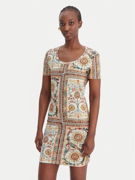 Just Cavalli Sukienka codzienna 80PAOE02 CJ112 Beżowy Slim Fit. Brązowe kombinezony Just Cavalli, l, bez wzorów, z bawełny, bez kołnierzyka, bez ramiączek. Za 483,99 zł.