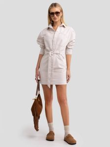 Sukienka damska mini z dodatkiem lnu kremowa Keresi 102. Białe sukienki Big Star, na co dzień, l, bez wzorów, z bawełny, eleganckie, bez kołnierzyka, bez ramiączek, maxi, dopasowane. W wyprzedaży za 99,99 zł.