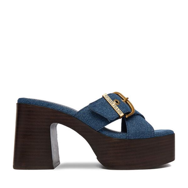 Klapki Guess Jeans. Niebieskie klapki Guess Jeans, z aplikacjami, z jeansu, bez obcasa. Za 329,99 zł.