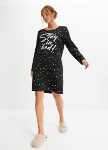 Koszula nocna z długim rękawem, z bawełny organicznej. Czarne koszule nocne bonprix, bez wzorów, z bawełny, bez ramiączek. Za 64,99 zł.