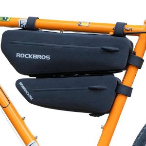 Zestaw dwóch torebek na ramę rowerową Rockbros AS-075. Czarne torebki klasyczne ROCKBROS, bez wzorów, bez dodatków. Za 230,00 zł.