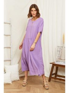 Rodier Lin Lniana sukienka w kolorze fioletowym rozmiar: XL/XXL. Różowe sukienki Rodier Lin, na co dzień, xl, bez wzorów, ze lnu, bez kołnierzyka, bez ramiączek, maxi, proste. Za 202,50 zł.