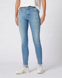 WRANGLER HIGH RISE SKINNY DAMSKIE SPODNIE JEANSOWE SEA SPRAY W27HJAXFQ 112128086. Niebieskie rurki Wrangler, z jeansu. Za 199,99 zł.