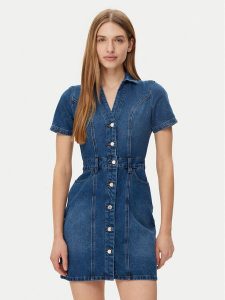 Morgan Sukienka jeansowa 241-ROGLA Niebieski Regular Fit. Niebieskie kombinezony Morgan, bez wzorów, z bawełny, bez kołnierzyka, bez ramiączek. Za 229,99 zł.