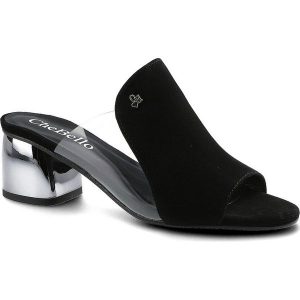 Czarne Klapki Chebello Damskie Eleganckie Buty. Czarne klapki CheBello, bez wzorów, ze skóry, bez obcasa, na obcasie. Za 209,00 zł.