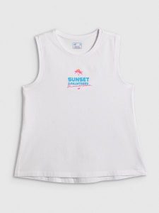 4F Top regular z nadrukiem damski - biały S. Białe topy 4f, s, bez wzorów, z bawełny, klasyczne, bez kołnierzyka, bez ramiączek. Za 49,99 zł.