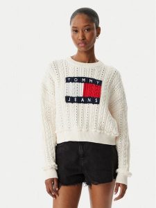Tommy Jeans Sweter Intarsia Flag Badge DW0DW22317 Kremowy Regular Fit. Białe swetry klasyczne Tommy Jeans, xs, z bawełny, bez kołnierzyka. Za 529,99 zł.