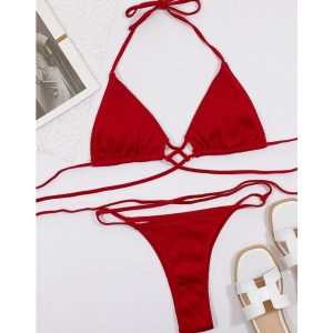 Dwuczęściowy strój kąpielowy regulowany ze sznureczkami na lato Sylva. Niebieskie bikini Intica, bez wzorów, z materiału. Za 139,00 zł.