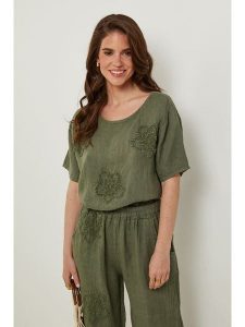 Rodier Lin Lniana koszulka w kolorze khaki rozmiar: XL/XXL. Brązowe bluzki Rodier Lin, xl, bez wzorów, ze lnu, bez kołnierzyka, bez ramiączek. Za 149,31 zł.