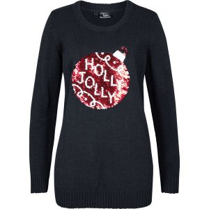 Sweter bożonarodzeniowy z obracanymi cekinami. Czarne swetry klasyczne bonprix, bez kołnierzyka. Za 129,99 zł.