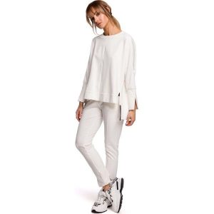 Wygodna Prosta Bluza z Lampasem - Ecru. Czarne bluzy MOE, l, bez wzorów, z bawełny, bez kaptura. Za 229,90 zł.