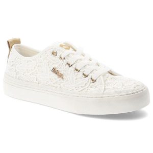 Trampki damskie Lee Cooper, cholewka z materiału tekstylnego koronkowego wiązanie z przodu metalowe oczka na grubszej podeszwie, białe, LCW-26-02-406. Białe trampki Lee Cooper, bez wzorów, z koronki, bez zapięcia. Za 129,00 zł.