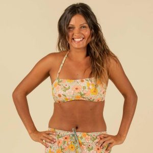 Góra kostiumu kąpielowego surfingowego damska Olaian Laura Vintage. Zielone bikini OLAIAN, bez wzorów, z elastanu. W wyprzedaży za 29,99 zł.