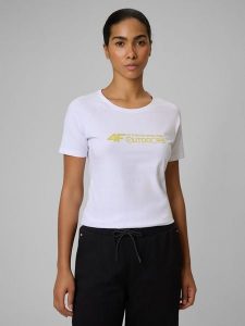 4F T-shirt slim z nadrukiem damski - biały S. Białe t-shirty 4f, l, bez wzorów, z materiału, bez kołnierzyka, bez ramiączek. Za 59,99 zł.