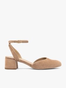 Jasnobrązowe czółenka slingback. Brązowe czółenka Ryłko, bez wzorów, ze skóry, bez obcasa, na obcasie, bez zapięcia. Za 399,99 zł.