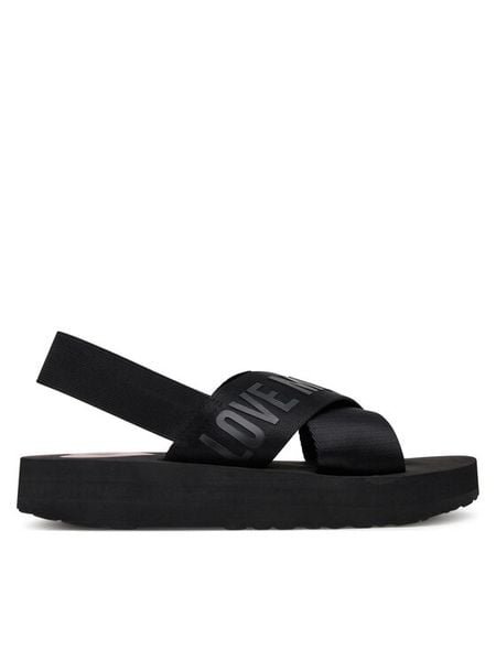 LOVE MOSCHINO Sandały JA16214G0MIX4000 Czarny. Czarne sandały LOVE MOSCHINO, bez wzorów, z materiału, bez obcasa, na płaskiej podeszwie, bez zapięcia. Za 343,99 zł.
