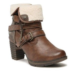 Botki Mustang. Brązowe botki Mustang, bez wzorów, bez obcasa, na słupku, bez zapięcia. Za 369,99 zł.