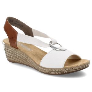 Białe Sandały Rieker Eleganckie Obuwie Damskie Na Koturnie. Białe sandały Rieker, bez wzorów, z materiału, bez obcasa, na koturnie, bez zapięcia. Za 289,00 zł.