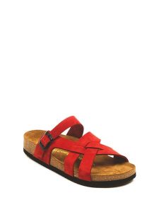 Comfortfusse Skórzane klapki w kolorze czerwonym rozmiar: 38. Czerwone klapki Comfortfüße, bez wzorów, z nubiku, z otwartym noskiem, bez obcasa. Za 252,99 zł.