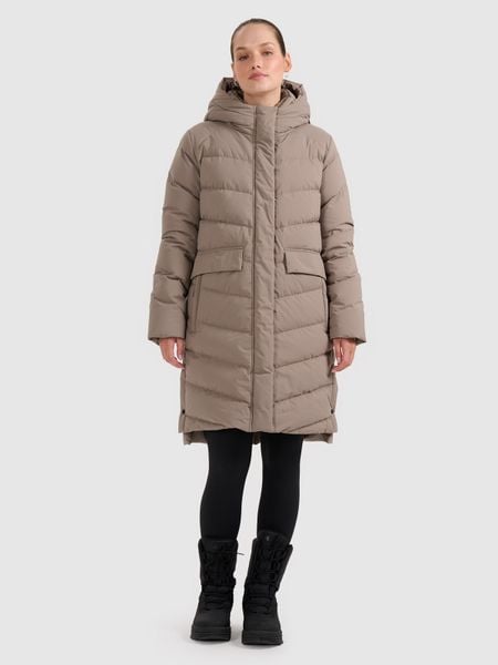 4F Płaszcz puchowy z wypełnieniem naturalnym damski - beżowy XXL. Brązowe płaszcze 4f, na zimę, xxl, bez wzorów, z puchu, z kapturem. Za 799,99 zł.