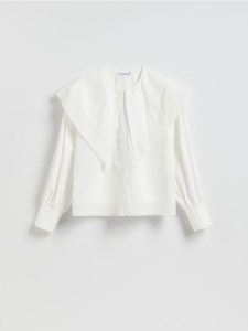 Koszula z dekoracyjnym kołnierzem - biały. Białe koszule Reserved, l, bez wzorów, z bawełny, bez kołnierzyka, bez ramiączek. Za 139,99 zł.