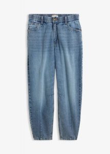 Jeansy typu barrel, cropped. Niebieskie jeansy bonprix, bez wzorów, z jeansu, z podwyższonym stanem. Za 77,99 zł.