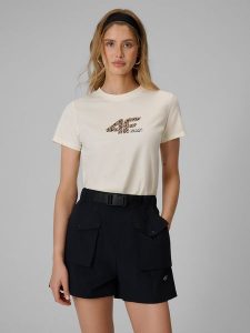 4F T-shirt regular z nadrukiem damski - biały L. Brązowe t-shirty 4f, l, bez wzorów, z bawełny, bez kołnierzyka, bez ramiączek. Za 59,99 zł.