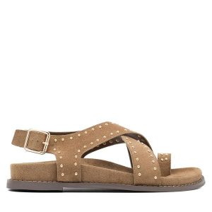 Sandały DeeZee. Brązowe sandały DeeZee, bez wzorów, bez obcasa, na płaskiej podeszwie, bez zapięcia. Za 139,99 zł.