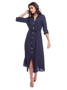 Lin Passion Lniana sukienka w kolorze granatowym rozmiar: 36/38. Niebieskie sukienki Lin Passion, bez wzorów, ze lnu, klasyczne, bez kołnierzyka, bez ramiączek, midi, rozkloszowane. Za 173,99 zł.