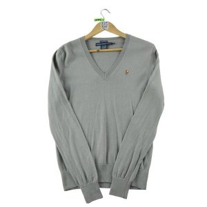 Second life - Damski szary sweter z dekoltem w serek - Stan bardzo dobry. Szare golfy Ralph Lauren, bez wzorów. Za 191,66 zł.