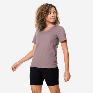 Koszulka z krótkim rękawem damska Domyos Gym & Pilates. Brązowe bluzki NYAMBA, xs, bez wzorów, z bawełny, sportowe, bez kołnierzyka, bez ramiączek. Za 39,99 zł.