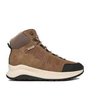 Trzewiki Rieker. Brązowe botki Rieker, bez wzorów, bez obcasa, na płaskiej podeszwie, bez zapięcia. Za 439,99 zł.