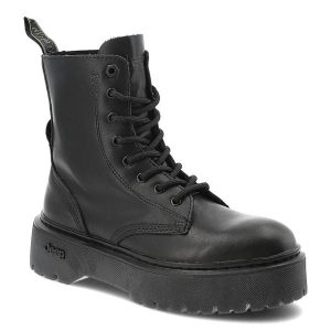Czarne Trapery Jeep Stylowe Skórzane Buty Damskie. Czarne botki Jeep, przed kolano, bez obcasa, na platformie, bez zapięcia. Za 348,99 zł.