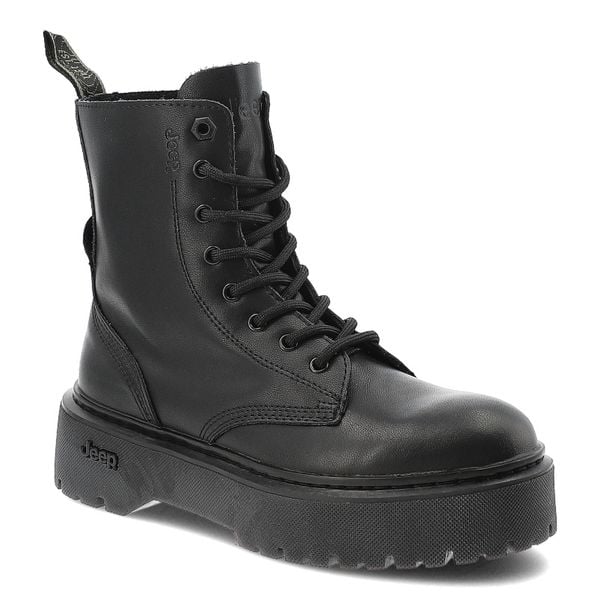Trapery damskie Jeep, skórzane z okrągłym noskiem na grubej platformie na suwak, czarne, JL52670A-062. Czarne botki Jeep, z okrągłym noskiem, przed kolano, bez obcasa, na platformie, bez zapięcia. Za 329,00 zł.
