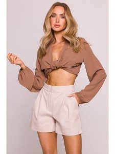 Made of emotion Szorty w kolorze beżowym rozmiar: M. Brązowe szorty Made Of Emotion, bez wzorów, z bawełny, z podwyższonym stanem. Za 209,45 zł.