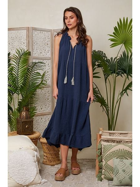 Lin Passion Sukienka w kolorze granatowym rozmiar: 40/42. Niebieskie sukienki Lin Passion, bez wzorów, z bawełny, klasyczne, bez kołnierzyka, bez ramiączek, maxi. Za 114,44 zł.