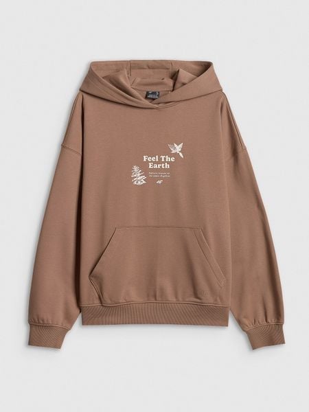 4F Bluza dresowa loose z kapturem damska - beżowa L. Brązowe bluzy 4f, l, bez wzorów, z bawełny, z kapturem. Za 189,99 zł.
