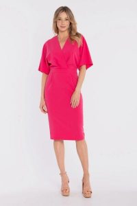 Sukienka elegancka midi kimonowa góra dopasowany dół różowa. Czerwone sukienki Stylove, do pracy, l, bez wzorów, z poliesteru, biznesowe, bez kołnierzyka, bez ramiączek, midi, dopasowane. Za 289,00 zł.