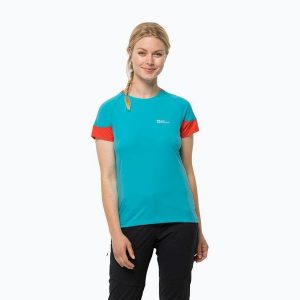 Koszulka trekkingowa damska Jack Wolfskin Narrows. Niebieskie bluzki Jack Wolfskin, xs, bez wzorów, sportowe, bez kołnierzyka, bez ramiączek. Za 89,99 zł.