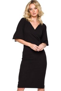 Elegancka sukienka ołówkowa z dekoltem V i bufiastymi rękawami czarna. Czarne sukienki Makover, na randkę, xxl, bez wzorów, eleganckie, bez kołnierzyka, bez ramiączek, ołówkowe. Za 369,00 zł.