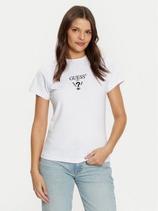 Guess T-Shirt V4YI21 KCDH1 Biały Slim Fit. Białe t-shirty Guess, xs, z aplikacjami, z bawełny, bez kołnierzyka, bez ramiączek. Za 99,99 zł.