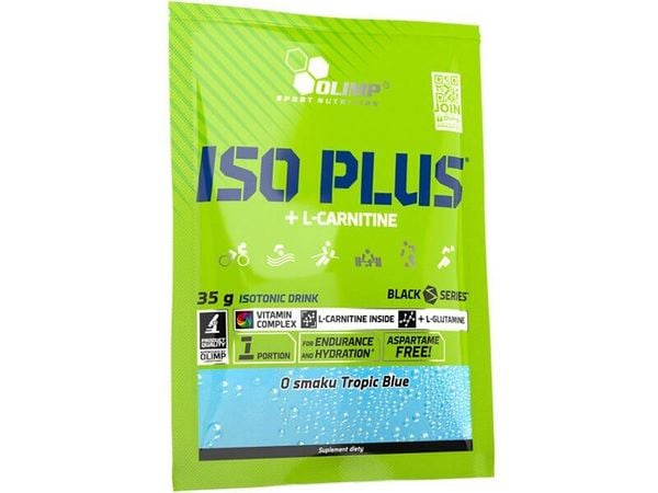 Iso Plus + L-Carnitine OLIMP 35g saszetka Pomarańcza. Niebieskie nerki i saszetki OLIMP SPORT, bez wzorów, z gumy. Za 5,99 zł.