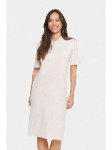 SAINT TROPEZ Sukienka dzianinowa w kolorze kremowym rozmiar: XS. Brązowe sukienki Saint Tropez, na co dzień, s, bez wzorów, z dzianiny, klasyczne, bez kołnierzyka, bez ramiączek, midi, proste. Za 126,99 zł.