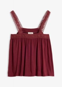 Top z miękkiej wiskozy. Czerwone topy bonprix, bez wzorów, z koronki, bez kołnierzyka, bez ramiączek. Za 27,99 zł.