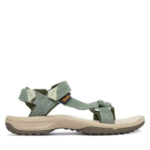 Sandały Teva. Zielone sandały Teva, bez wzorów, bez obcasa, na płaskiej podeszwie, bez zapięcia. Za 449,99 zł.