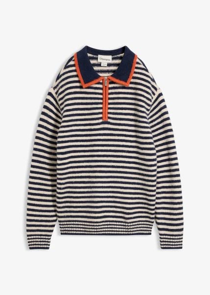Sweter ze strukturalnej dzianiny ze stójką. Niebieskie swetry klasyczne bonprix, z dzianiny, bez kołnierzyka. Za 109,99 zł.